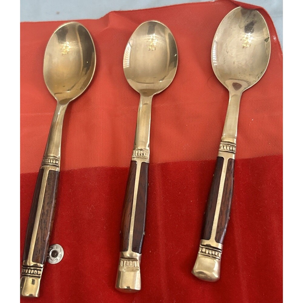 Vintage Brass And Wood Demitasse coffee Spoons Thailand Lot Of 3